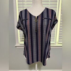 Striped V-Neck Top with Zipper Detail